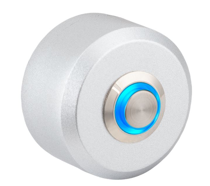 Henger alakú fémházas nyomógomb, kék LED gyűrűvel NO/NC, OP0213L